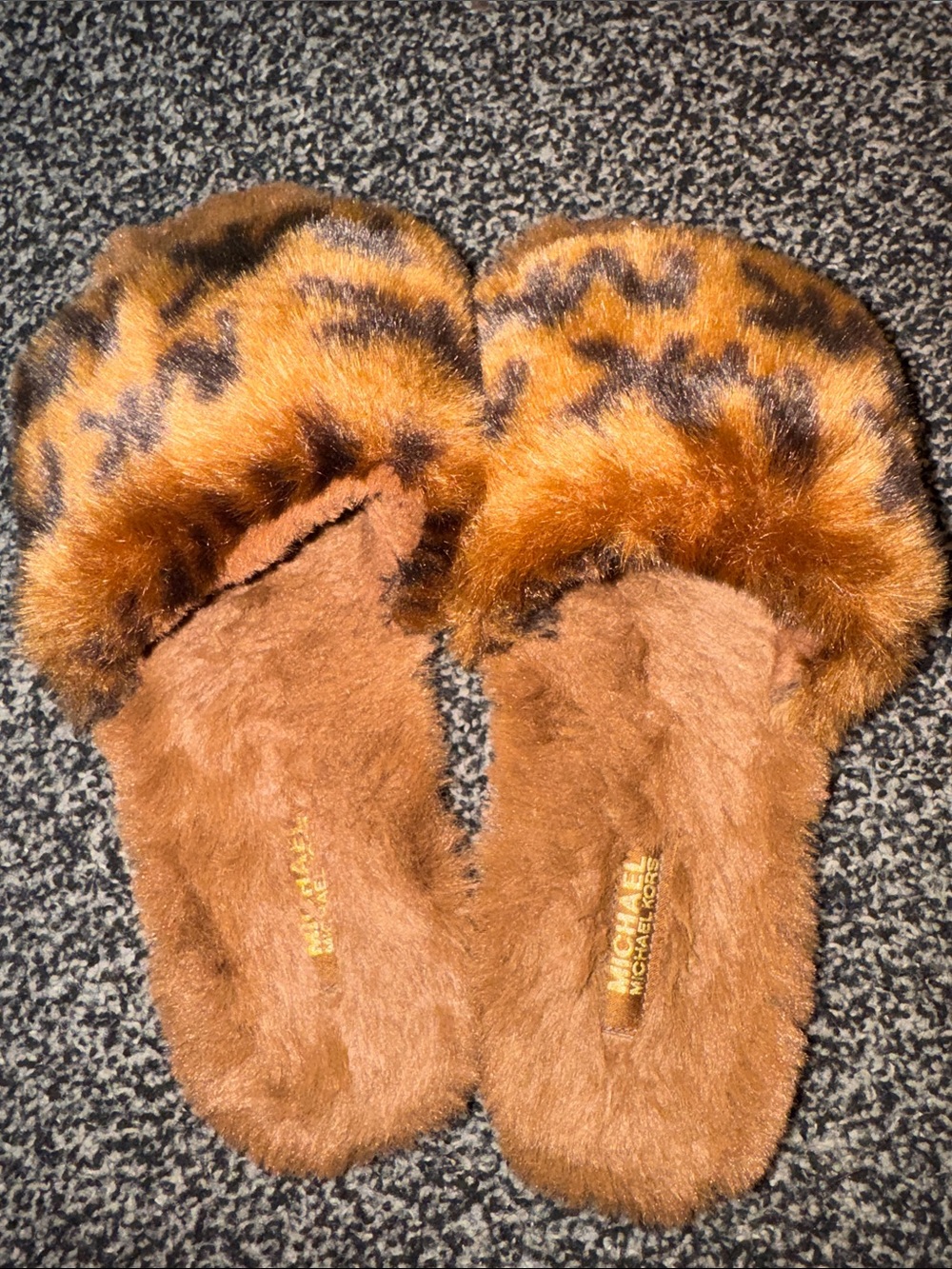 Michael Kors Faux Fur Leopard-Print Slide Slippers in Brown and Black